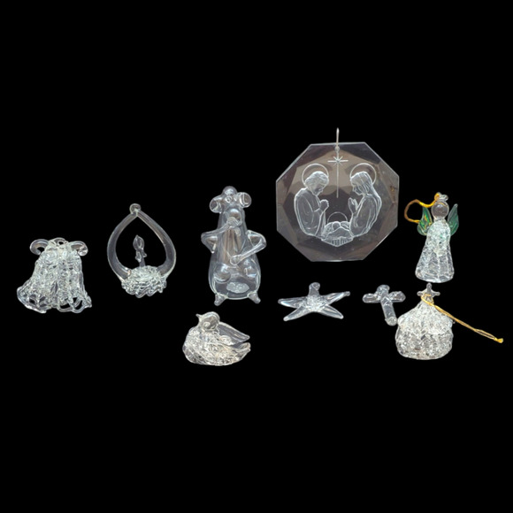 Hand Spun Blown Clear Glass Ornaments Monkey Bird Bells Candle Angel Lot of 9 - Picture 1 of 7